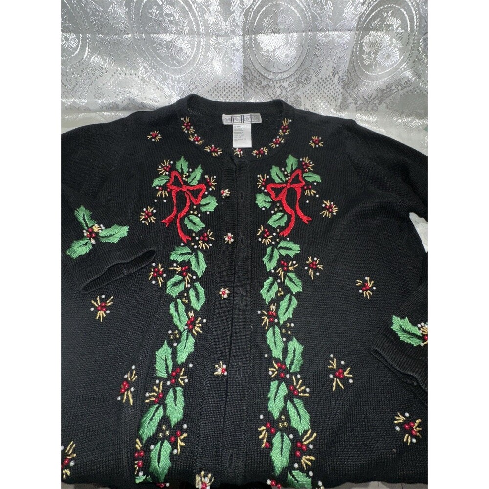 OHI Christmas Sweater Black Red Green Medium Holly Bead Pearl Embroidery Used